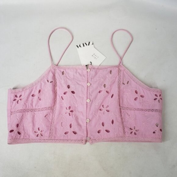 New Zara Pink Eyelet Cropped Tank Top Size Large Barbie Romantic Summer - Picture 5 of 12